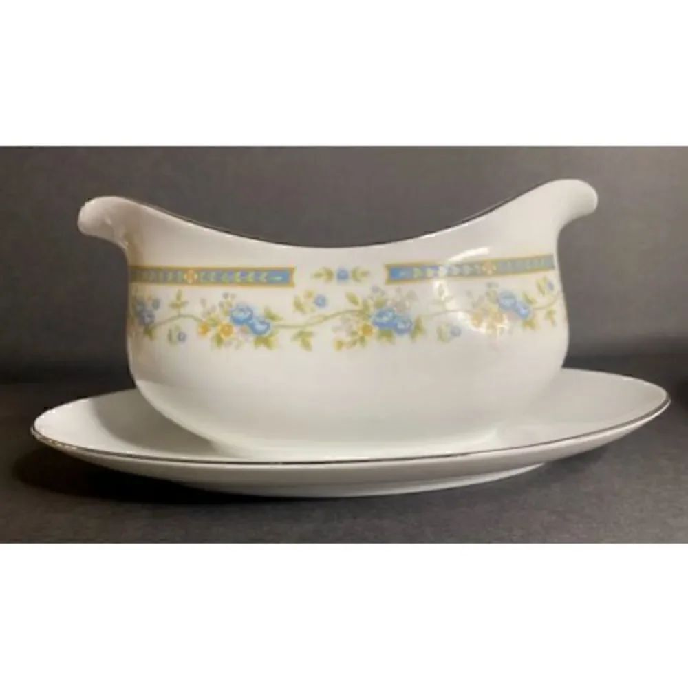 Barclay by Sango Gravy Boat w Attached Underplate Blue Band Laurel Blue Yellow